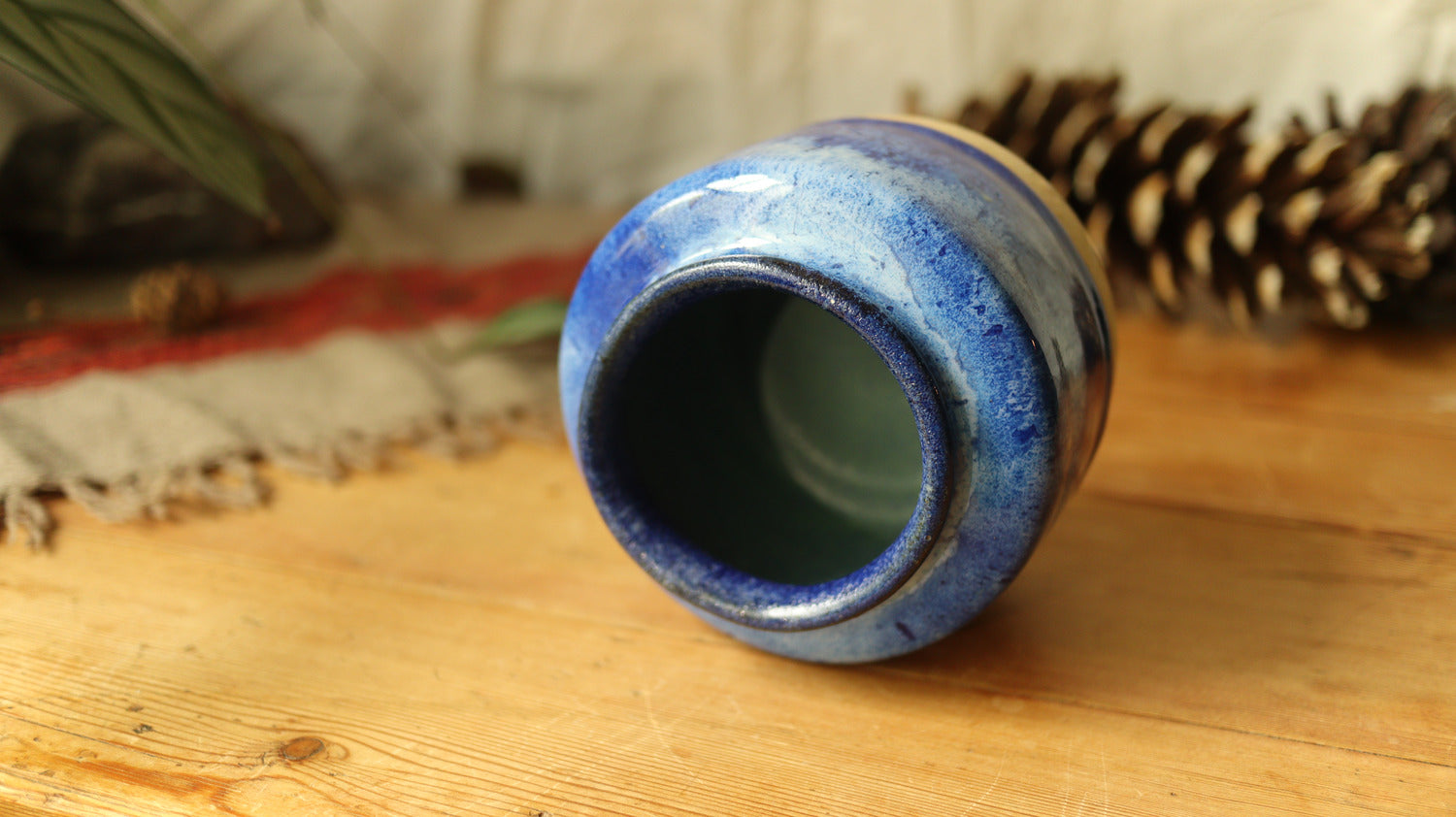 Straight sided jar, varigated blue glaze