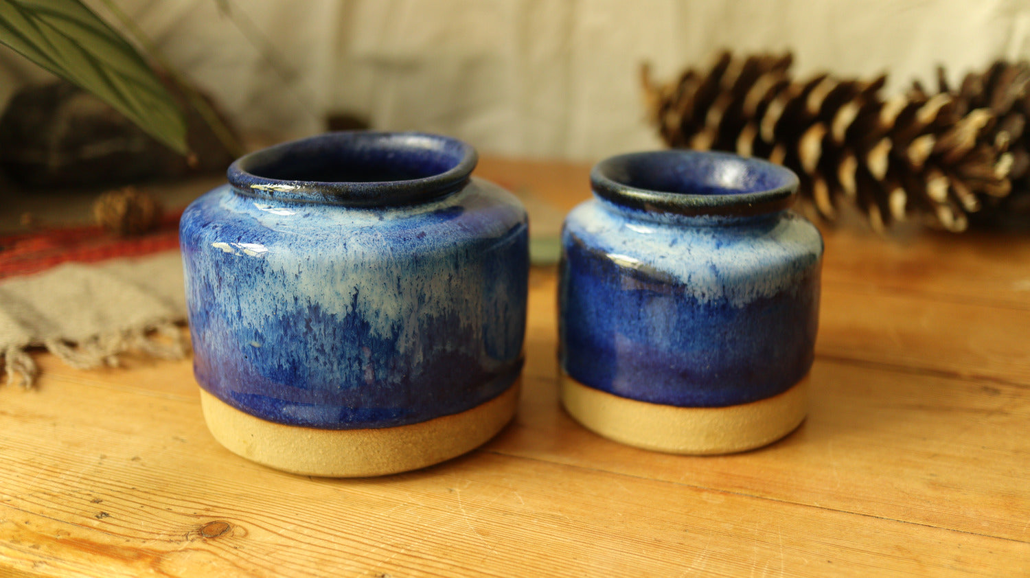 Straight sided jar, varigated blue glaze