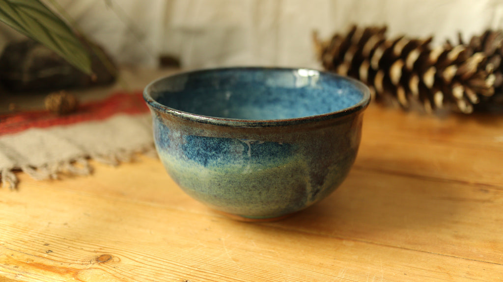 High sided bowl, varigated blue glaze