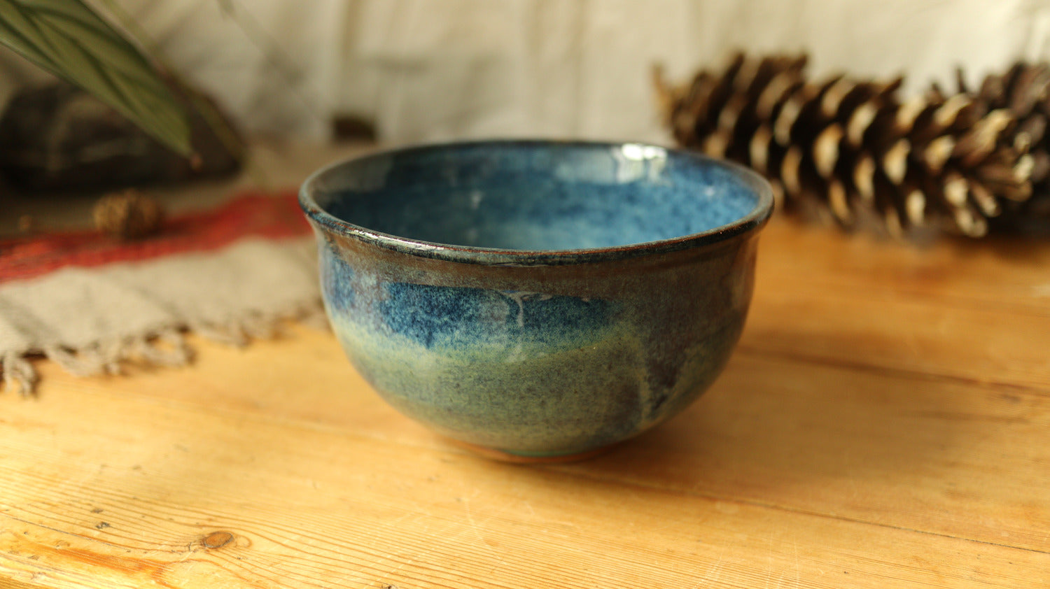 High sided bowl, varigated blue glaze