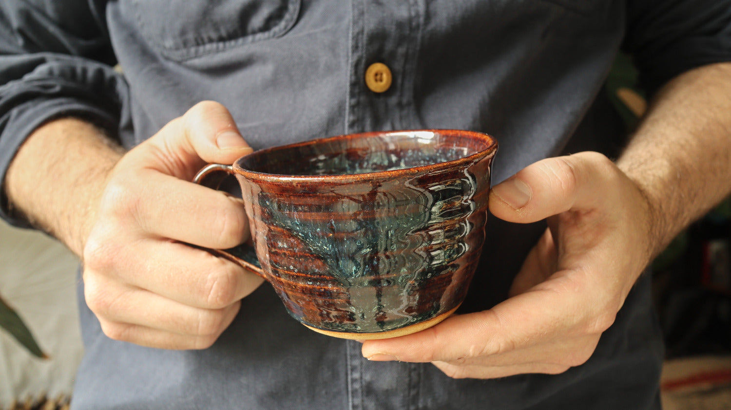 Wide mug, floating iron glaze