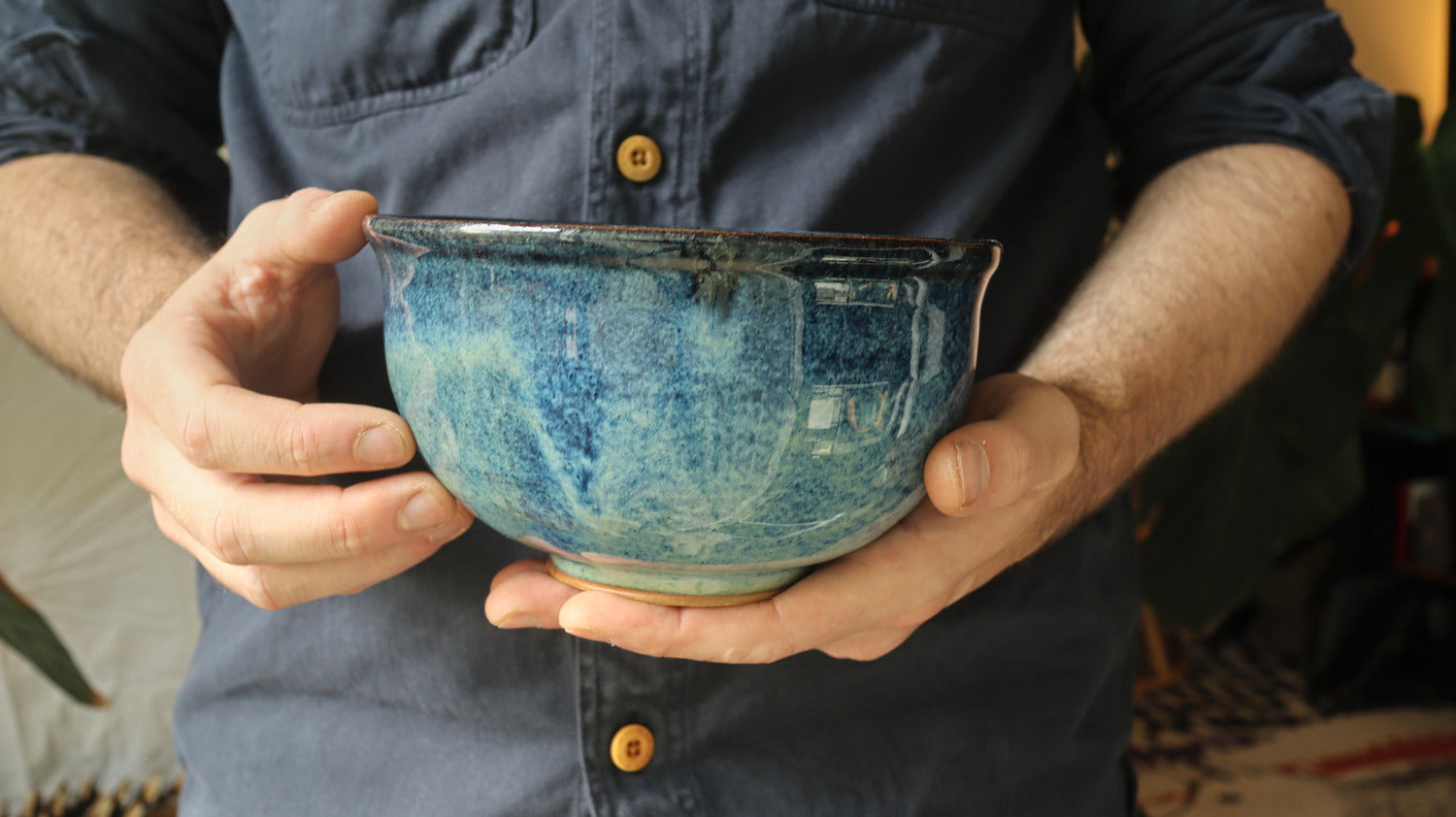 High sided bowl, varigated blue glaze