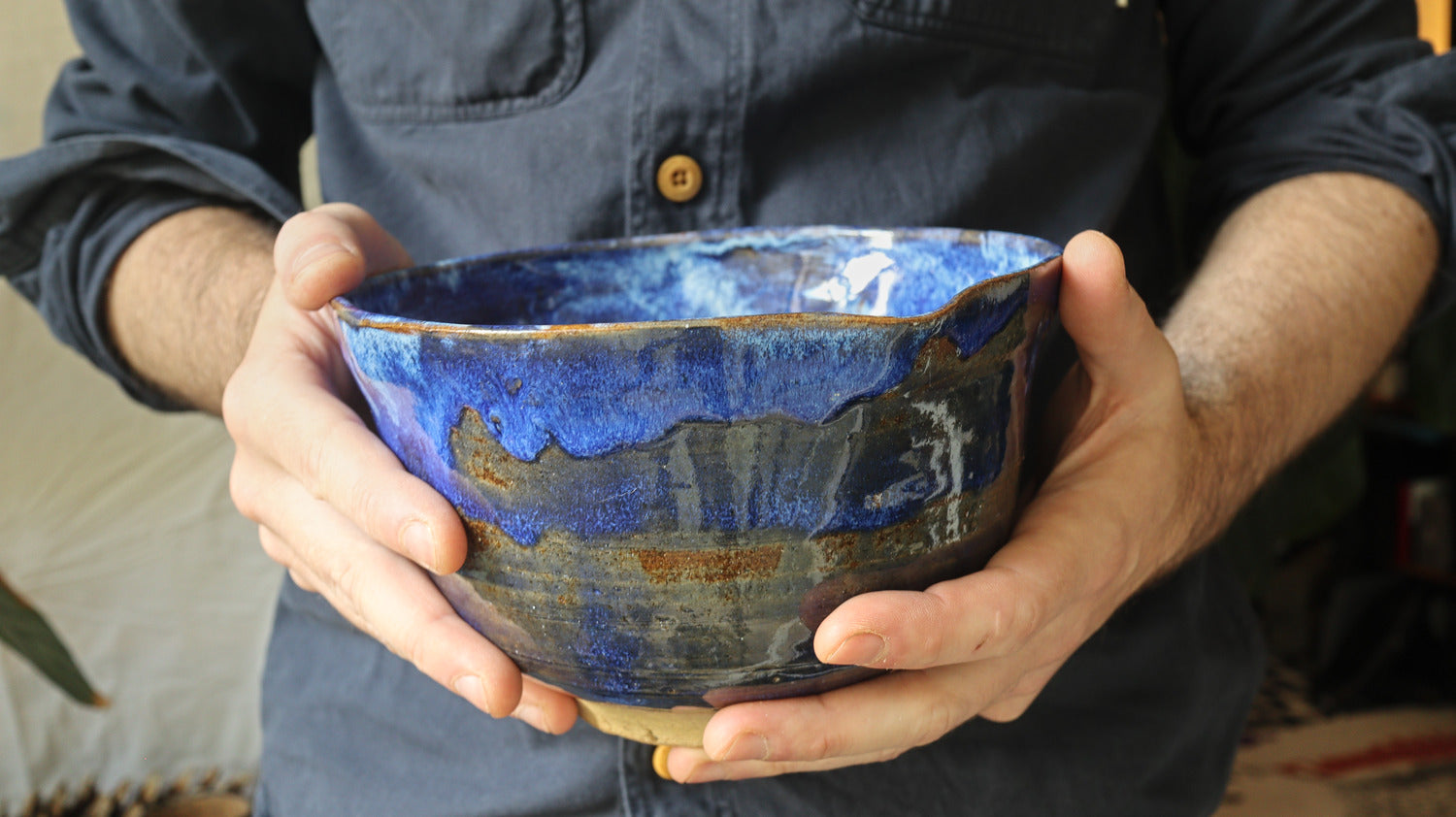 Nesting set of mixing bowls, blue glaze.